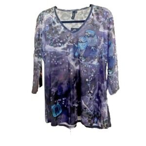 Artful Bird Print Tunic‎ Top V Neck 3/4 Sleeve Blouse Artsy Size Medium
